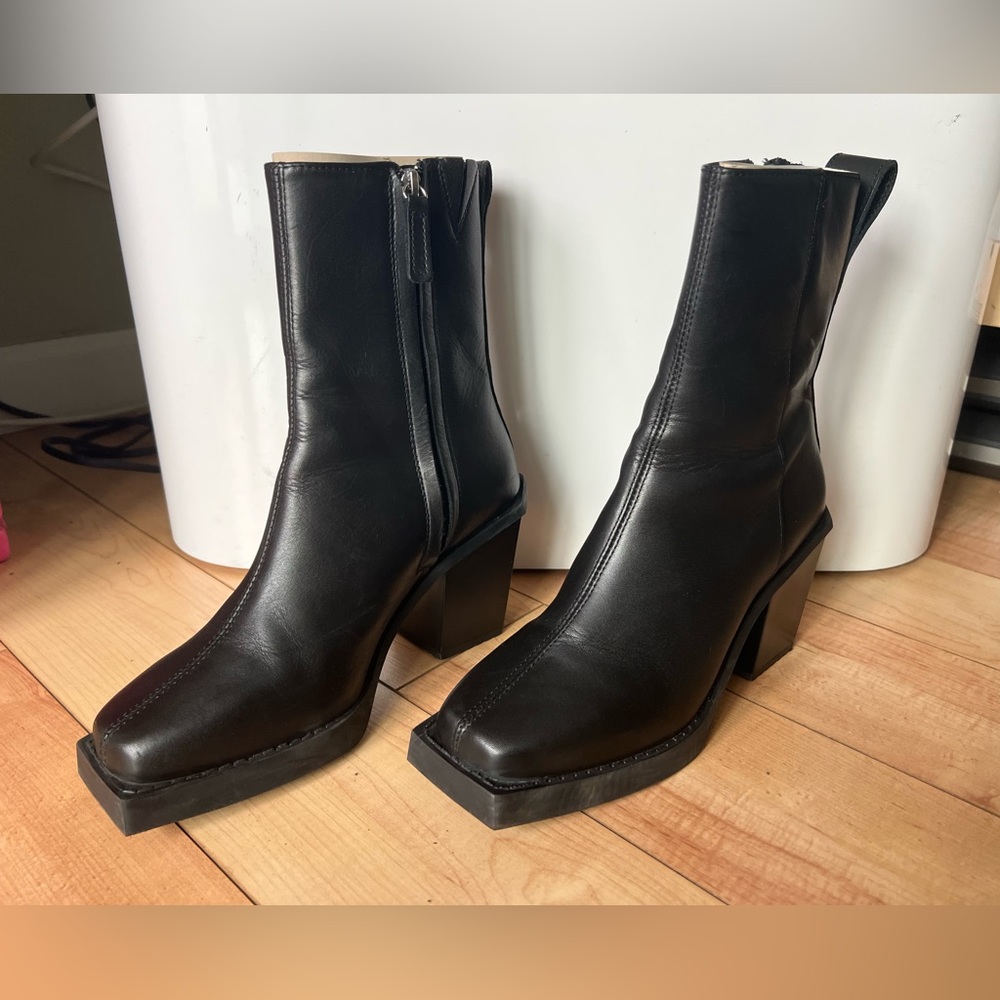 ASOS black leather square toe ankle zip boots